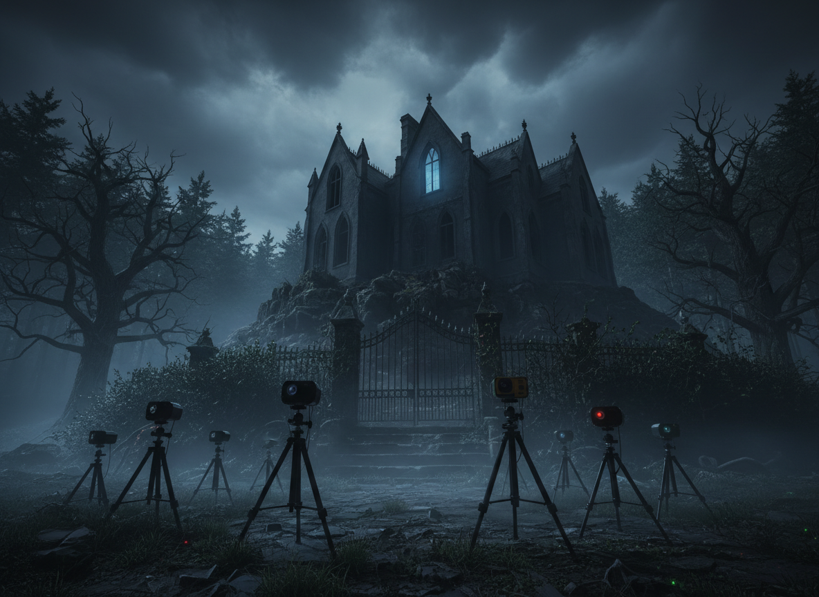 A moody, cinematic exterior of a decaying Gothic mansion used as a primary case study location, perched on a hill at the edge of dense forest under a cloud-cloaked night sky. The house’s tall, narrow windows are mostly dark, except for one upper window faintly glowing with a cold, unnatural bluish light. At the front gate, compact tripods hold motion-activated night-vision cameras and a small thermal imaging device, their status LEDs pinpricks of color against the deep shadows. A thin ground mist curls around cracked stone steps and overgrown hedges, catching the silver wash of moonlight. Captured from a low, wide-angle perspective at ground level, the looming structure dominates the frame while the equipment anchors the investigation context. The mood is foreboding yet professional, blending haunted legend with disciplined, cinematic documentation.