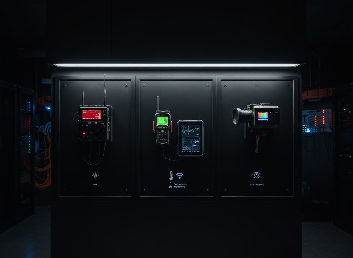 A dedicated “team profiles” wall inside a paranormal operations room, presented without human images: instead, each investigator is represented by a vertical panel featuring their primary equipment, meticulously mounted against matte black boards. One panel displays a custom-modified digital recorder, another an advanced EMF meter and data tablet, another a rugged thermal camera, each accompanied by small, icon-like graphics suggesting specialties such as EVP, environmental monitoring, and visual analysis. Subtle under-cabinet LED strips wash the display in cold white light, creating crisp reflections on metal edges and screens. The surrounding room is dark, with only hints of server racks and cable runs in the blurred background. Shot straight-on at eye level with symmetrical framing, the composition feels organized, authoritative, and cinematic, emphasizing credibility and expertise in paranormal investigation without relying on faces or text.