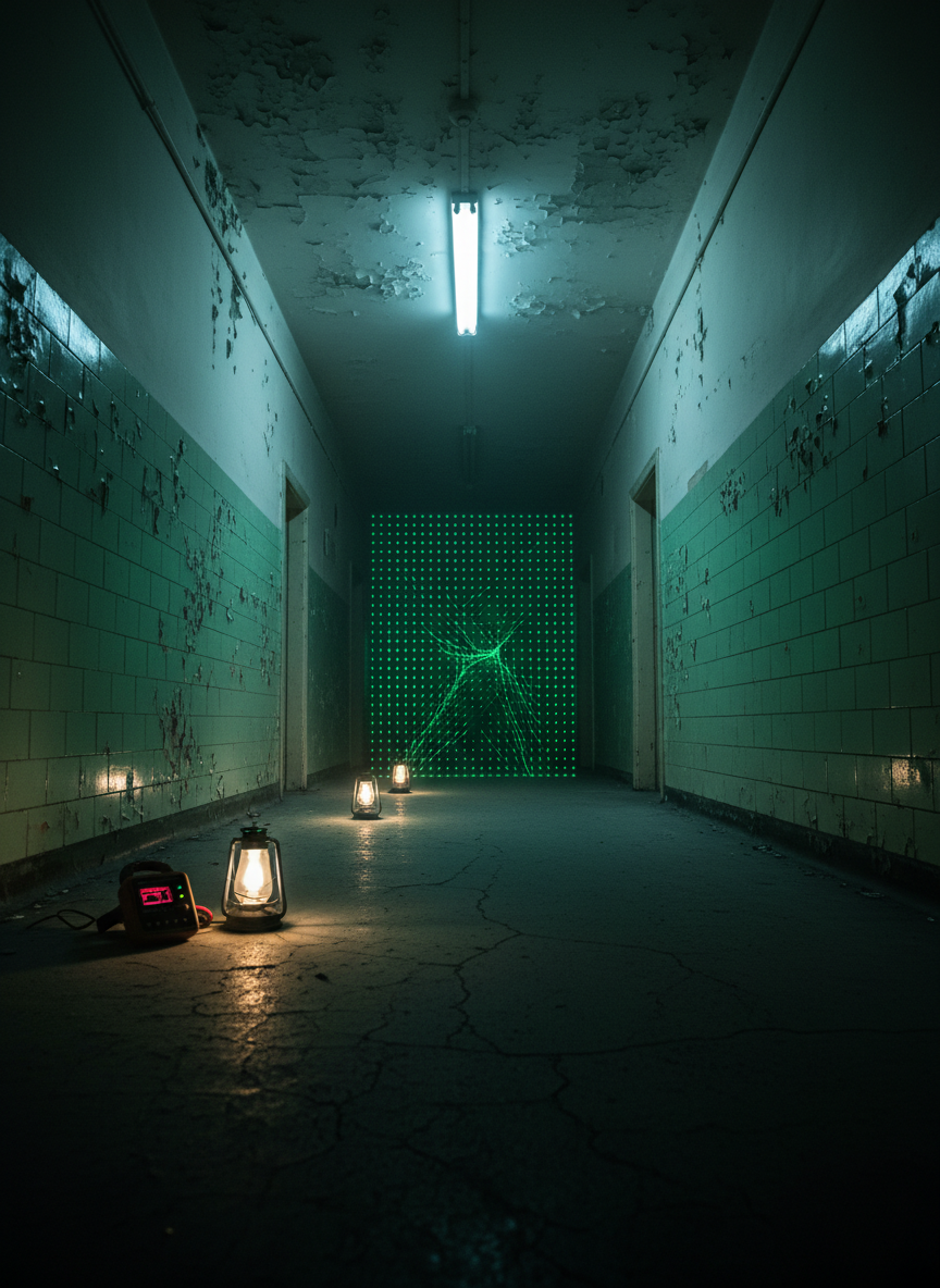 An austere, long corridor of an old sanatorium at night, walls peeling and tiled in faded institutional green, captured as if by a high-end cinematic investigation camera. At the center of the hallway, a laser grid projects a perfect matrix of emerald dots into the foggy air, illuminating dust motes and subtly outlining a nearly imperceptible distortion in the pattern as if something unseen stands there. Battery-powered LED lanterns and a lone EMF detector rest on the cracked floor, their small lights forming a trail into the darkness. Overhead, a single flickering fluorescent fixture adds harsh, intermittent highlights. Shot from a low, forward-facing perspective as though part of a cautious sweep, with deep depth of field emphasizing the vanishing point. The atmosphere is claustrophobic, analytical, and intensely suspenseful, suggesting both rigorous research and undeniable unease.