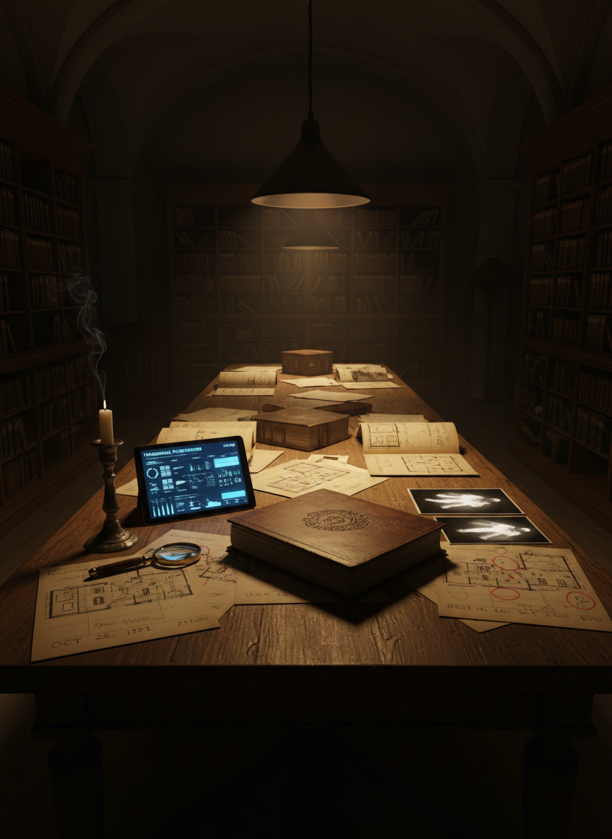 A long, antique wooden library table inside a shadowy archival room, stacked with open case files documenting decades of hauntings. Yellowed incident reports, architectural blueprints of creaking mansions, and glossy printed thermal images are spread in careful arrangements. At the center lies a large, leather-bound investigation ledger, open to pages filled with crisp, untidy handwriting implied but not legible. A tablet device displays a modern evidence dashboard, its cool glow reflecting off a nearby magnifying glass and a tarnished brass candleholder holding a guttering, nearly spent candle. Overhead, a single shaded pendant light creates a soft, focused pool of warm light on the table, while tall shelves of indistinct, dusty folders dissolve into darkness. Shot from a slightly elevated angle with cinematic contrast, the atmosphere is scholarly, secretive, and quietly chilling, emphasizing serious long-term research into the paranormal.