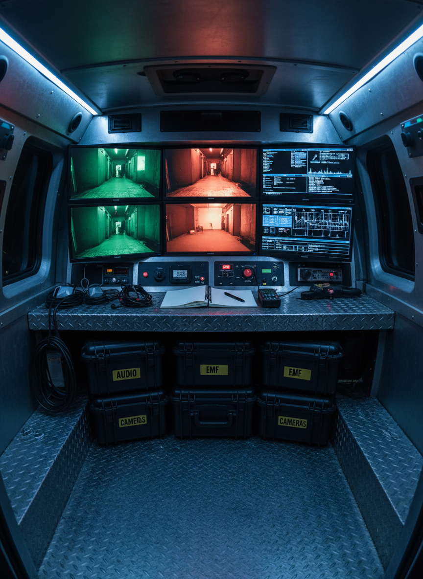 Inside a mobile paranormal command van at night, a bank of wall-mounted monitors displays synchronized live feeds: green-tinted night-vision hallways, grainy thermal silhouettes of empty rooms, and scrolling environmental data graphs. On a rugged metal console below, labeled hard cases are stacked beside neatly coiled cables, while a compact digital recorder lies ready beside a notebook opened to blank, waiting pages. Cool blue LED strip lighting runs along the ceiling, giving everything a cold, technological sheen, contrasted by the occasional warm amber glow from indicator lights and switches. Captured from the rear of the van, looking inward in wide-angle cinematic composition, the cramped space feels like a nerve center of operations. The mood is tense, focused, and highly professional, emphasizing real-time monitoring, remote case management, and credible, data-driven paranormal investigation.