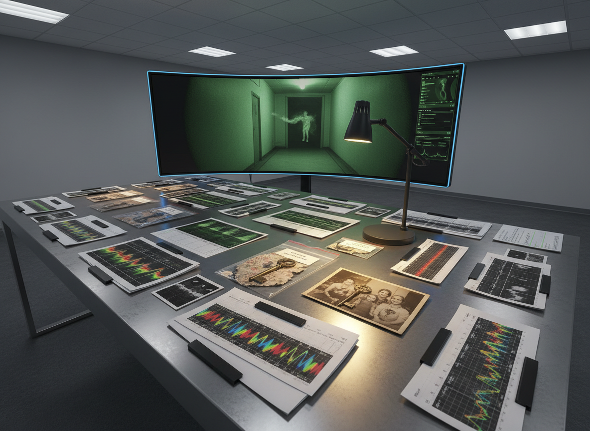 A cluttered evidence analysis table inside a modern paranormal research lab, surface covered in neatly labeled transparent bags containing strange artifacts: a tarnished brass key, a fragment of scorched wallpaper, an old photograph with a faint, unexplained shadow. Next to them, printed spectrograms, EMF charts, and thermal imaging stills are spread in orderly rows, pinned by sleek black clips. A large, ultra-wide monitor displays a paused night-vision frame from an investigation, a faint semi-transparent shape barely visible. Cool overhead LED panels create crisp, even lighting, while a single desk lamp casts a focused cone of warmer light on the key evidence at center. Shot from a slightly elevated, three-quarter angle with sharp focus, conveying a cinematic yet forensic mood of credibility, meticulous research, and cold, rational scrutiny of the paranormal.