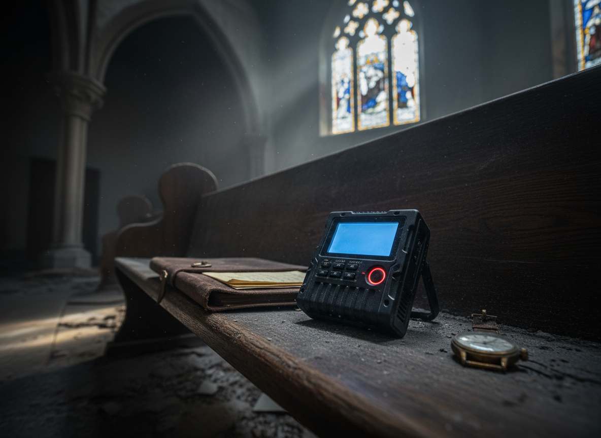 An intense, close-up view of a high-tech digital audio recorder placed on a warped wooden pew inside a crumbling, deserted chapel, prepared for an EVP session. The recorder’s small screen glows a soft, icy blue, its red record light vivid against the deep shadows. Around it rest a worn leather-bound case file folder and a small analog watch, both dusted with fine debris, subtly suggesting time and history. Moonlight spills through a shattered stained-glass window, casting fractured patches of pale color across the scene, while the rest of the chapel recedes into grainy darkness. Captured with a shallow depth of field from a low, side-on cinematic angle, the recorder is pin-sharp and monumental in frame. The atmosphere is hushed, reverent, and ominously expectant, emphasizing the gravity of capturing credible auditory evidence.