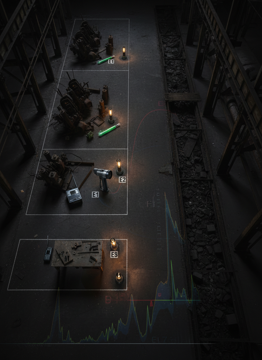 A dramatic, overhead cinematic shot of a complete investigation layout diagrammed on a dark concrete floor inside an abandoned factory. White chalk outlines subtly indicate room boundaries and key hotspots, while numbered evidence markers stand beside placed equipment: an EMF meter near rusted machinery, a thermal camera aimed down a long shadowy aisle, and a digital recorder positioned on a cracked workbench. Small battery lanterns and chem lights cast pools of muted green and amber illumination, leaving vast areas in deep shadow. A translucent overlay of faint thermal and EMF mapping graphics appears as though projected onto the floor, blending practical planning with high-tech analysis. The composition is meticulously organized, with strong leading lines and a top-down perspective that feels like a tactical blueprint. The mood is strategic, methodical, and ominously quiet, highlighting research findings and investigation planning.